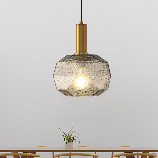 1 Bulb Bedside Pendant Post Modern Brass Hanging Lighting with Faceted Smoke Gray Glass Shade Smoke Gray Clearhalo 'Ceiling Lights' 'Modern Pendants' 'Modern' 'Pendant Lights' 'Pendants' Lighting' 730470