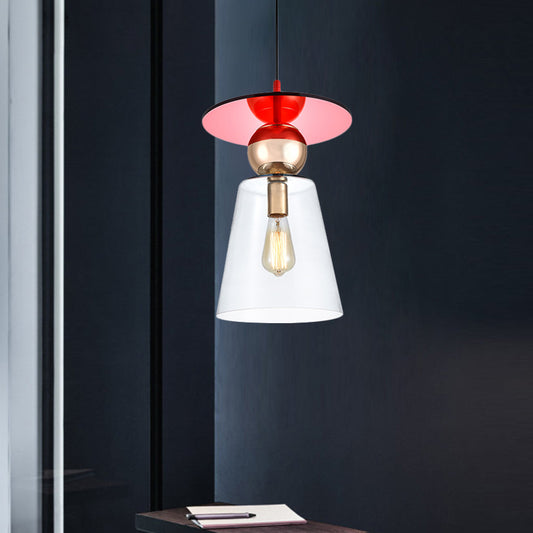 Clear Glass Cup-Shape Hanging Light Kit 1-Head Modern Ceiling Suspension Lamp with Red Disc Top Red Clearhalo 'Ceiling Lights' 'Close To Ceiling Lights' 'Glass shade' 'Glass' 'Modern Pendants' 'Modern' 'Pendant Lights' 'Pendants' Lighting' 730475