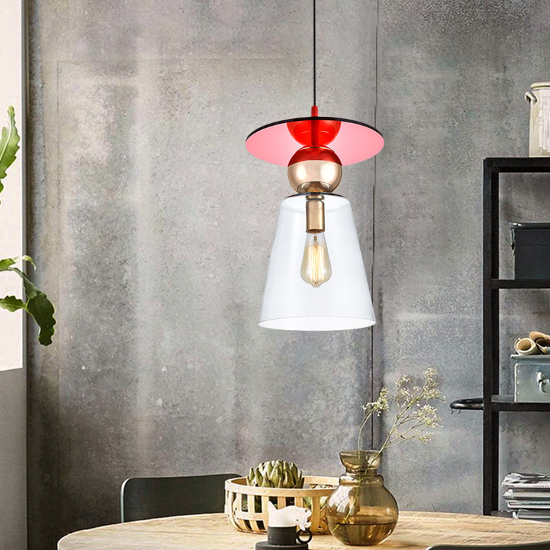 Clear Glass Cup-Shape Hanging Light Kit 1-Head Modern Ceiling Suspension Lamp with Red Disc Top Clearhalo 'Ceiling Lights' 'Close To Ceiling Lights' 'Glass shade' 'Glass' 'Modern Pendants' 'Modern' 'Pendant Lights' 'Pendants' Lighting' 730476