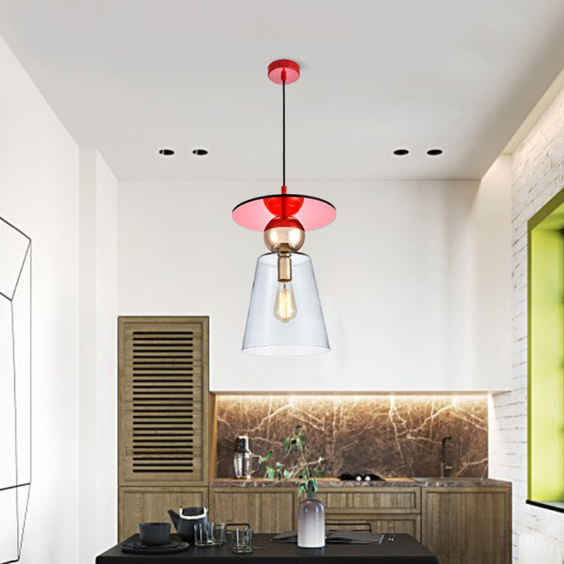 Clear Glass Cup-Shape Hanging Light Kit 1-Head Modern Ceiling Suspension Lamp with Red Disc Top Clearhalo 'Ceiling Lights' 'Close To Ceiling Lights' 'Glass shade' 'Glass' 'Modern Pendants' 'Modern' 'Pendant Lights' 'Pendants' Lighting' 730477