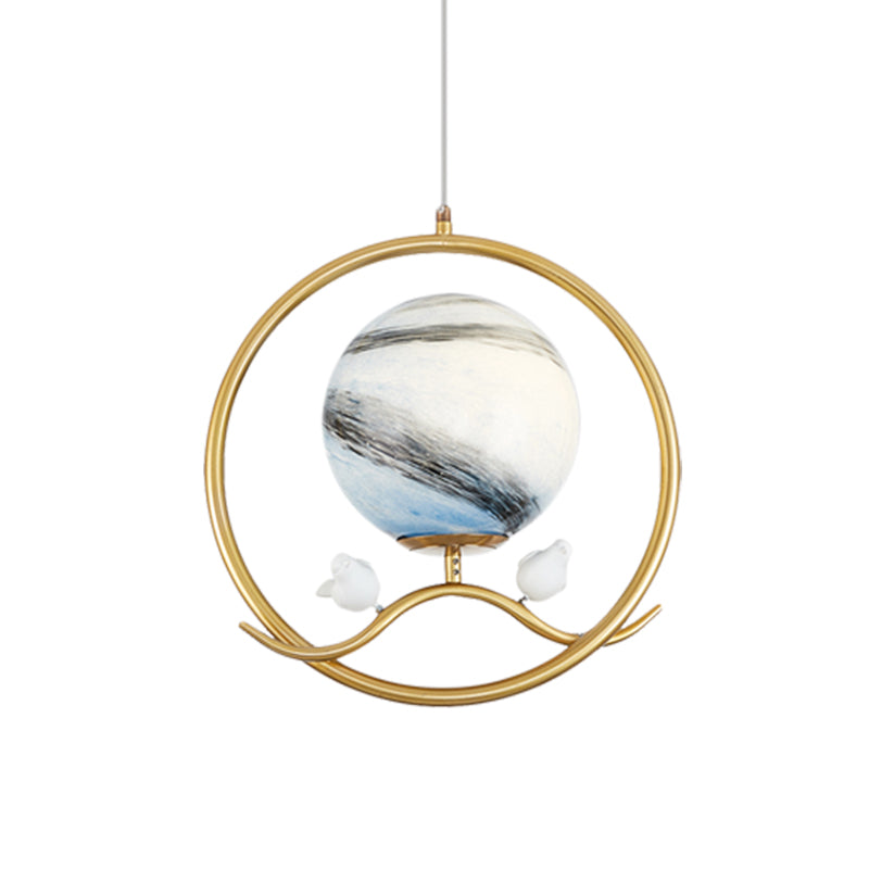 Post Modern Ring Pendant Metallic 1 Light Living Room Hanging Lamp in Gold with Planet Glass Shade and Bird Deco Clearhalo 'Ceiling Lights' 'Close To Ceiling Lights' 'Glass shade' 'Glass' 'Modern Pendants' 'Modern' 'Pendant Lights' 'Pendants' Lighting' 730491