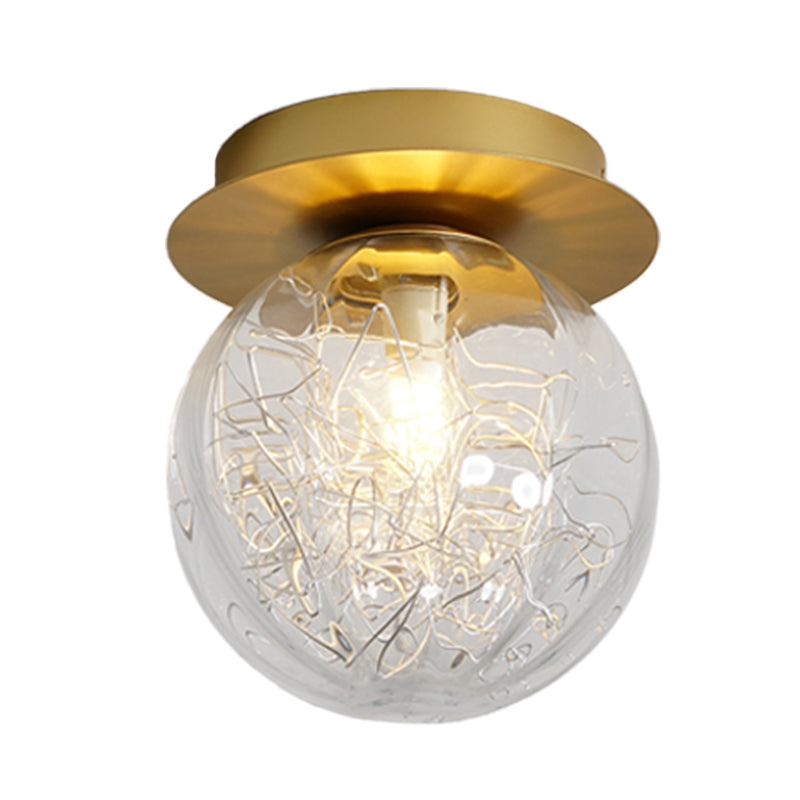 Gold Pumpkin Ball Flush Lighting Modern 1 Light Clear Glass Flush Lamp Fixture with Metal Line Inside Clearhalo 'Ceiling Lights' 'Close To Ceiling Lights' 'Close to ceiling' 'Flush mount' Lighting' 730497