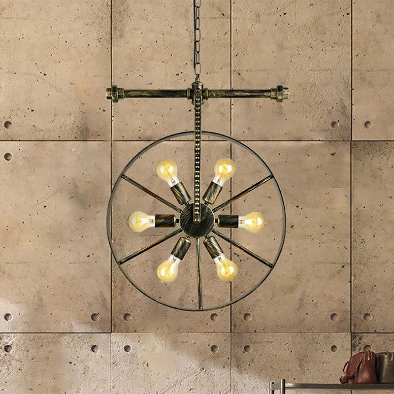 6 Lights Round Pendant Light Fixture with Wheel Design Farmhouse Style Bronze Wrought Iron Ceiling Light Clearhalo 'Cast Iron' 'Ceiling Lights' 'Chandeliers' 'Industrial Chandeliers' 'Industrial' 'Metal' 'Middle Century Chandeliers' 'Rustic Chandeliers' 'Tiffany' Lighting' 730500