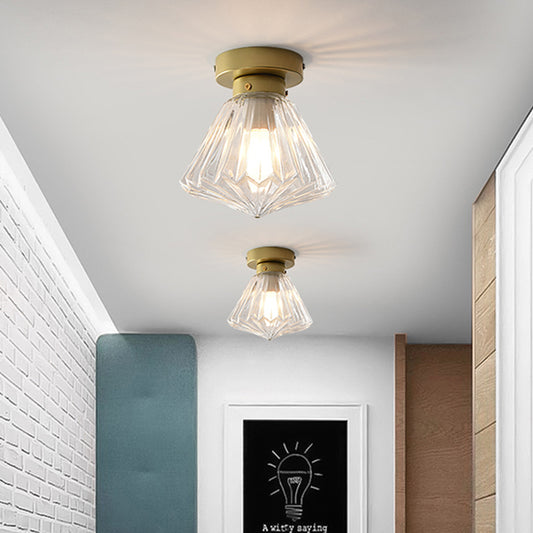 Brass Diamond Flush Ceiling Light Fixture Modernism 1 Bulb Clear Ribbed Glass Flush Lamp for Kitchen Clearhalo 'Ceiling Lights' 'Close To Ceiling Lights' 'Close to ceiling' 'Flush mount' Lighting' 730515