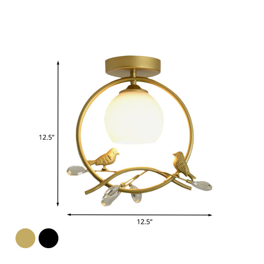 Metal Ring Semi-Flush Mount Modernist 1-Head Black/Gold Finish Flush Lighting with Bird and Crystal Deco Clearhalo 'Ceiling Lights' 'Close To Ceiling Lights' 'Close to ceiling' 'Glass shade' 'Glass' 'Pendant Lights' 'Semi-flushmount' Lighting' 730538