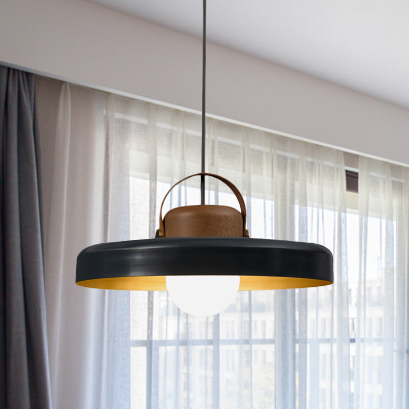 Metal Flat Ceiling Light Modern 1 Head Black Down Lighting Pendant with Wooden Cap Black Clearhalo 'Ceiling Lights' 'Modern Pendants' 'Modern' 'Pendant Lights' 'Pendants' Lighting' 730547