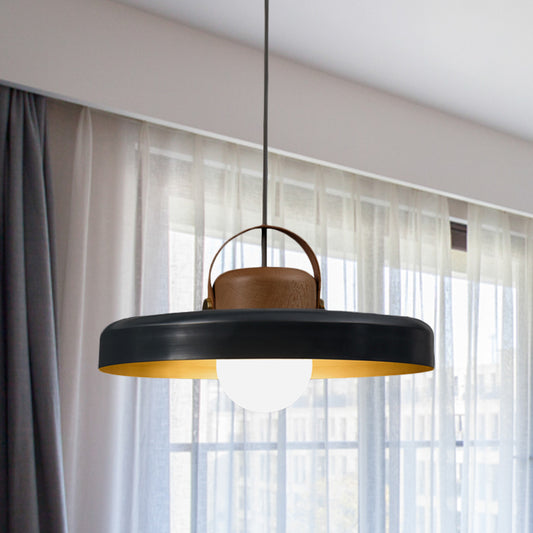 Metal Flat Ceiling Light Modern 1 Head Black Down Lighting Pendant with Wooden Cap Black Clearhalo 'Ceiling Lights' 'Modern Pendants' 'Modern' 'Pendant Lights' 'Pendants' Lighting' 730547