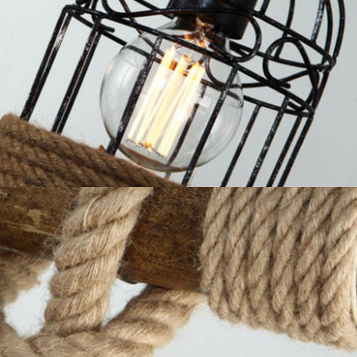 Industrial Birdcage Pendant Light Chandelier 3 Lights Metal Island Light with Adjustable Rope in Black, 31.5"/39" Wide Clearhalo 'Ceiling Lights' 'Island Lights' Lighting' 73057