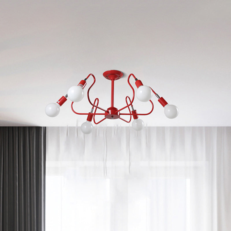 Iron Spider Flush Mount Lamp Modernism 6 Bulbs White/Red Semi Flush Ceiling Light for Living Room Clearhalo 'Ceiling Lights' 'Close To Ceiling Lights' 'Close to ceiling' 'Semi-flushmount' Lighting' 730584