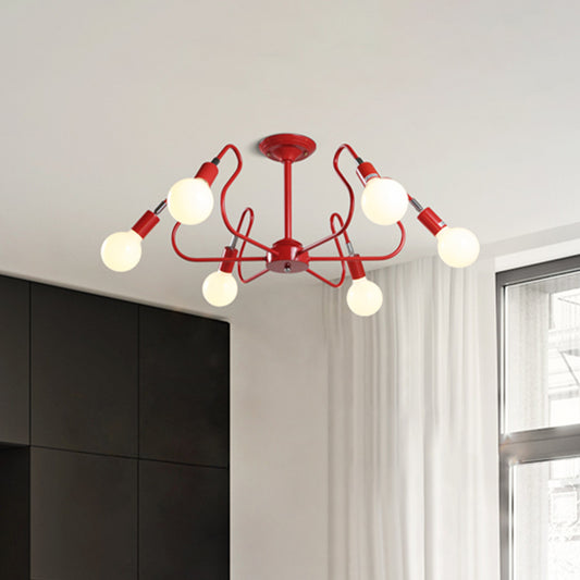 Iron Spider Flush Mount Lamp Modernism 6 Bulbs White/Red Semi Flush Ceiling Light for Living Room Clearhalo 'Ceiling Lights' 'Close To Ceiling Lights' 'Close to ceiling' 'Semi-flushmount' Lighting' 730585