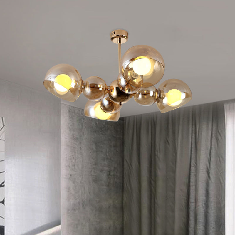 4/6 Lights Bedroom Semi Mount Lighting Brass Ceiling Light Fixture with Bowl Amber Glass Shade Clearhalo 'Ceiling Lights' 'Close To Ceiling Lights' 'Close to ceiling' 'Glass shade' 'Glass' 'Pendant Lights' 'Semi-flushmount' Lighting' 730603