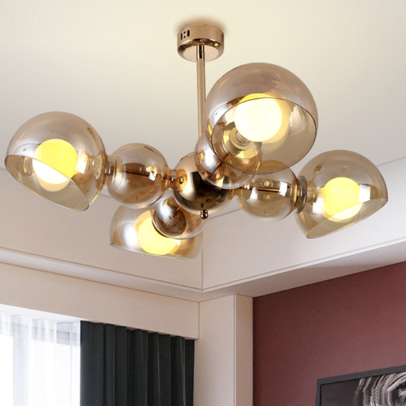 4/6 Lights Bedroom Semi Mount Lighting Brass Ceiling Light Fixture with Bowl Amber Glass Shade Clearhalo 'Ceiling Lights' 'Close To Ceiling Lights' 'Close to ceiling' 'Glass shade' 'Glass' 'Pendant Lights' 'Semi-flushmount' Lighting' 730604