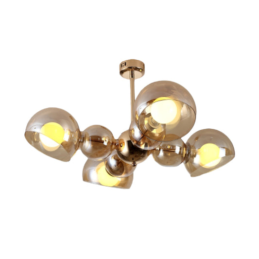 4/6 Lights Bedroom Semi Mount Lighting Brass Ceiling Light Fixture with Bowl Amber Glass Shade Clearhalo 'Ceiling Lights' 'Close To Ceiling Lights' 'Close to ceiling' 'Glass shade' 'Glass' 'Pendant Lights' 'Semi-flushmount' Lighting' 730605