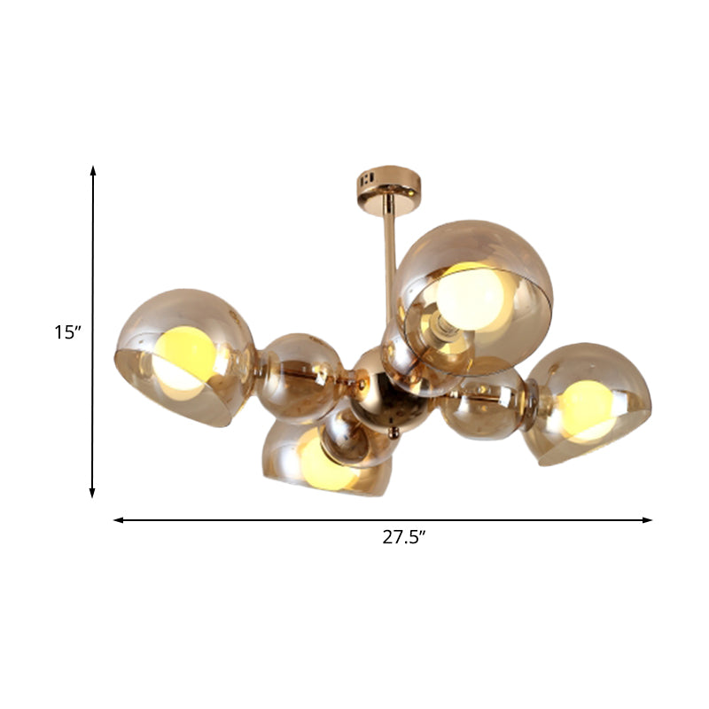 4/6 Lights Bedroom Semi Mount Lighting Brass Ceiling Light Fixture with Bowl Amber Glass Shade Clearhalo 'Ceiling Lights' 'Close To Ceiling Lights' 'Close to ceiling' 'Glass shade' 'Glass' 'Pendant Lights' 'Semi-flushmount' Lighting' 730606