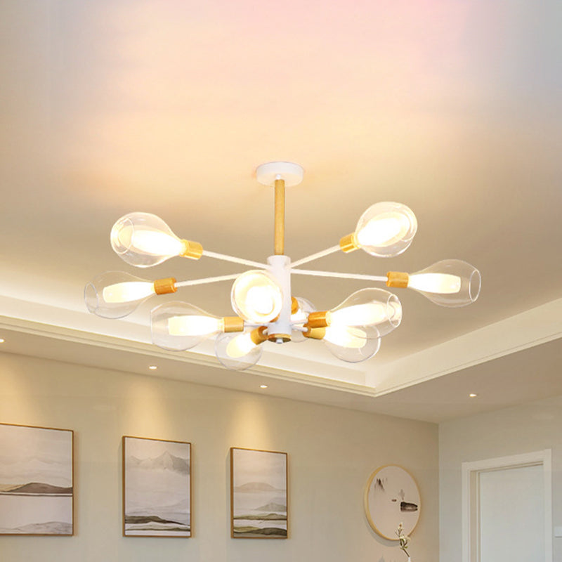 Simplicity Teardrop Ceiling Flush Clear Glass 10 Lights Living Room Semi Flush in White with Wooden Cap White Clearhalo 'Ceiling Lights' 'Close To Ceiling Lights' 'Close to ceiling' 'Semi-flushmount' Lighting' 730612