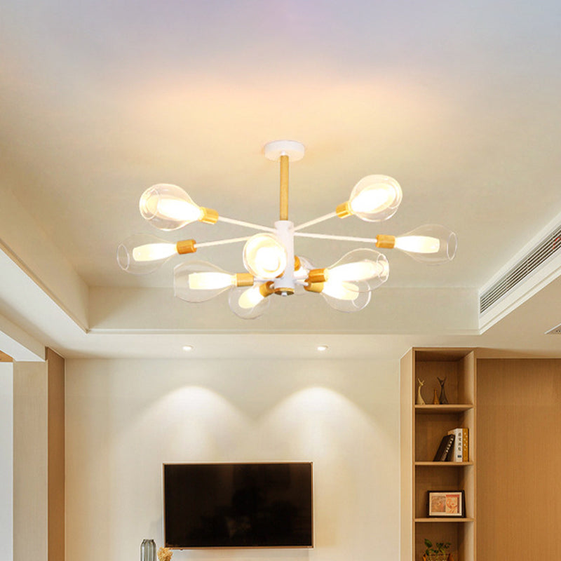 Simplicity Teardrop Ceiling Flush Clear Glass 10 Lights Living Room Semi Flush in White with Wooden Cap Clearhalo 'Ceiling Lights' 'Close To Ceiling Lights' 'Close to ceiling' 'Semi-flushmount' Lighting' 730613