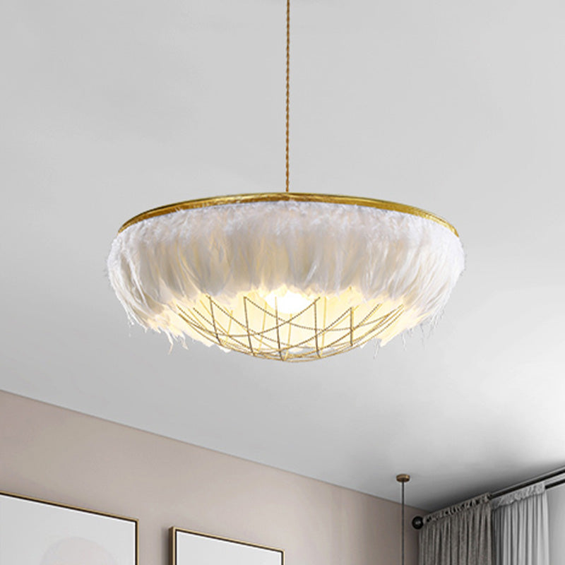 White Feather Chandelier Light Modernist 2 Heads Copper Down Lighting with Bowl Wire Cage, 16"/19.5"/23.5" Wide White Clearhalo 'Ceiling Lights' 'Chandeliers' 'Modern Chandeliers' 'Modern' Lighting' 730632