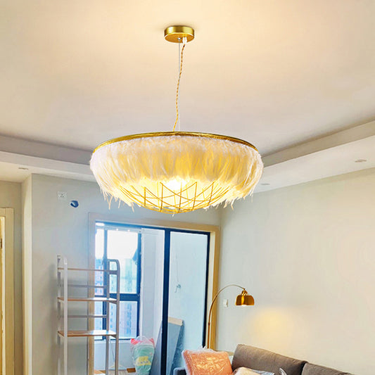 White Feather Chandelier Light Modernist 2 Heads Copper Down Lighting with Bowl Wire Cage, 16"/19.5"/23.5" Wide Clearhalo 'Ceiling Lights' 'Chandeliers' 'Modern Chandeliers' 'Modern' Lighting' 730633