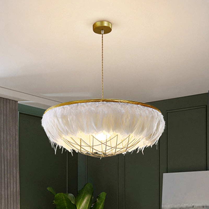 White Feather Chandelier Light Modernist 2 Heads Copper Down Lighting with Bowl Wire Cage, 16"/19.5"/23.5" Wide Clearhalo 'Ceiling Lights' 'Chandeliers' 'Modern Chandeliers' 'Modern' Lighting' 730634