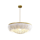 White Feather Chandelier Light Modernist 2 Heads Copper Down Lighting with Bowl Wire Cage, 16"/19.5"/23.5" Wide Clearhalo 'Ceiling Lights' 'Chandeliers' 'Modern Chandeliers' 'Modern' Lighting' 730635