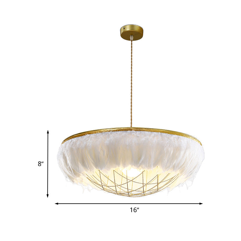 White Feather Chandelier Light Modernist 2 Heads Copper Down Lighting with Bowl Wire Cage, 16"/19.5"/23.5" Wide Clearhalo 'Ceiling Lights' 'Chandeliers' 'Modern Chandeliers' 'Modern' Lighting' 730636