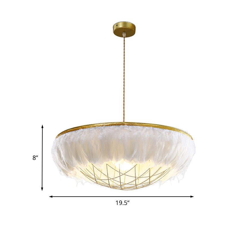 White Feather Chandelier Light Modernist 2 Heads Copper Down Lighting with Bowl Wire Cage, 16"/19.5"/23.5" Wide Clearhalo 'Ceiling Lights' 'Chandeliers' 'Modern Chandeliers' 'Modern' Lighting' 730637