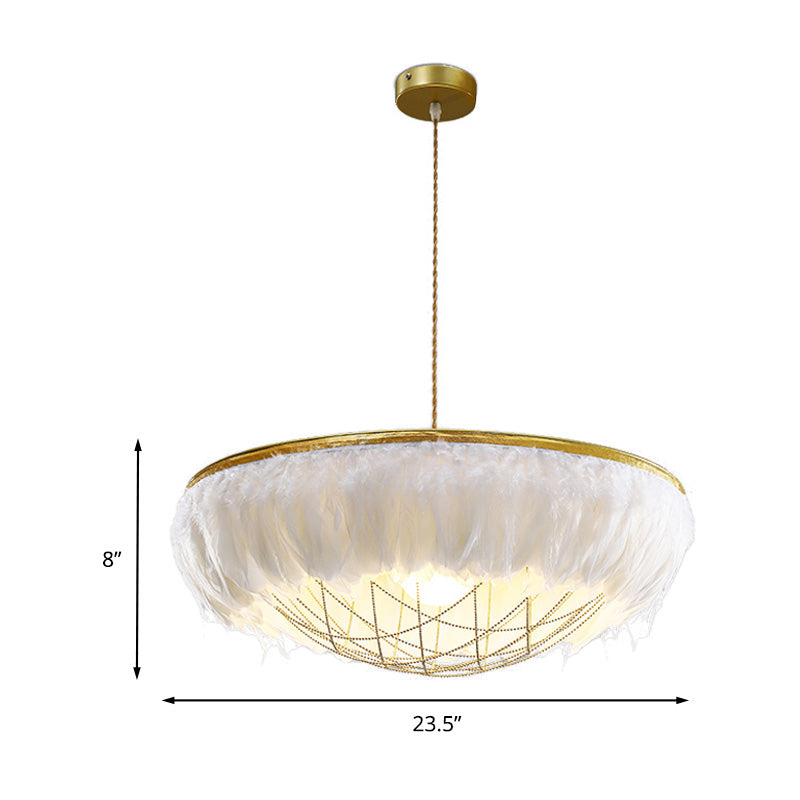 White Feather Chandelier Light Modernist 2 Heads Copper Down Lighting with Bowl Wire Cage, 16"/19.5"/23.5" Wide Clearhalo 'Ceiling Lights' 'Chandeliers' 'Modern Chandeliers' 'Modern' Lighting' 730638