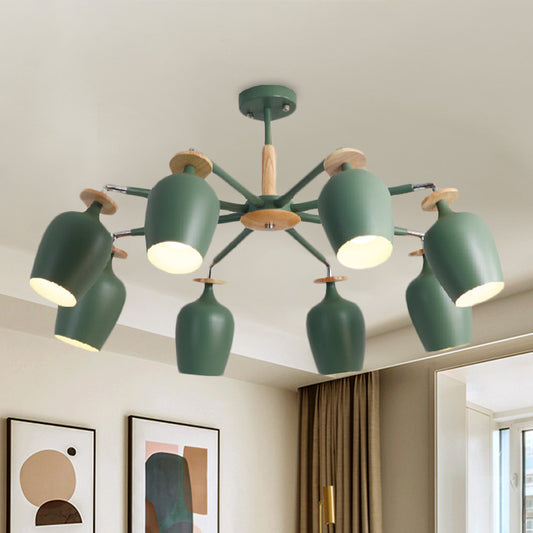 Green Tulip Semi Flush Light Fixture Contemporary 6/8 Bulbs Iron Flushmount Lighting with Wood Detail 8 Green Clearhalo 'Ceiling Lights' 'Close To Ceiling Lights' 'Close to ceiling' 'Semi-flushmount' Lighting' 730654