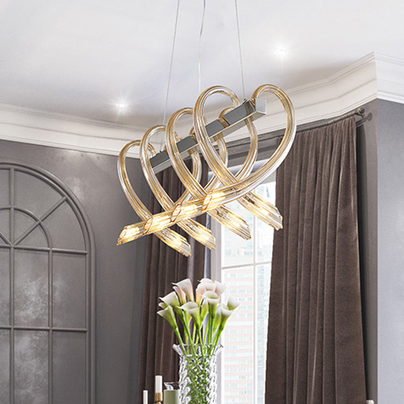 Chrome Heart-Shaped Island Light Minimalist 8 Heads Amber Glass Suspension Pendant for Restaurant Clearhalo 'Ceiling Lights' 'Close To Ceiling Lights' 'Glass shade' 'Glass' 'Island Lights' Lighting' 730675