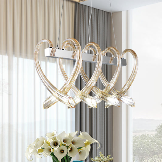 Chrome Heart-Shaped Island Light Minimalist 8 Heads Amber Glass Suspension Pendant for Restaurant Clearhalo 'Ceiling Lights' 'Close To Ceiling Lights' 'Glass shade' 'Glass' 'Island Lights' Lighting' 730676