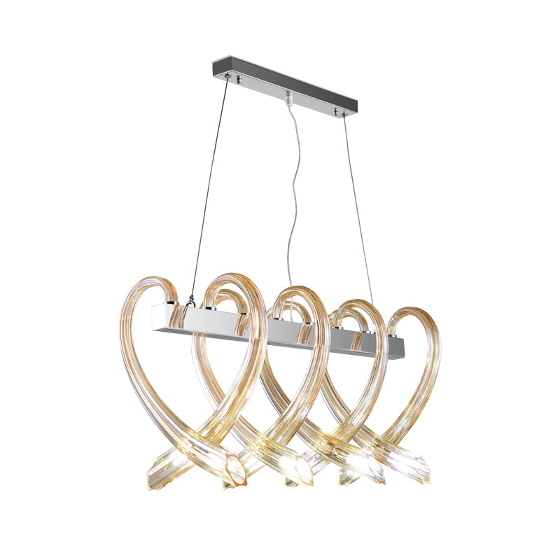 Chrome Heart-Shaped Island Light Minimalist 8 Heads Amber Glass Suspension Pendant for Restaurant Clearhalo 'Ceiling Lights' 'Close To Ceiling Lights' 'Glass shade' 'Glass' 'Island Lights' Lighting' 730677