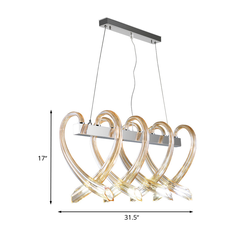 Chrome Heart-Shaped Island Light Minimalist 8 Heads Amber Glass Suspension Pendant for Restaurant Clearhalo 'Ceiling Lights' 'Close To Ceiling Lights' 'Glass shade' 'Glass' 'Island Lights' Lighting' 730678