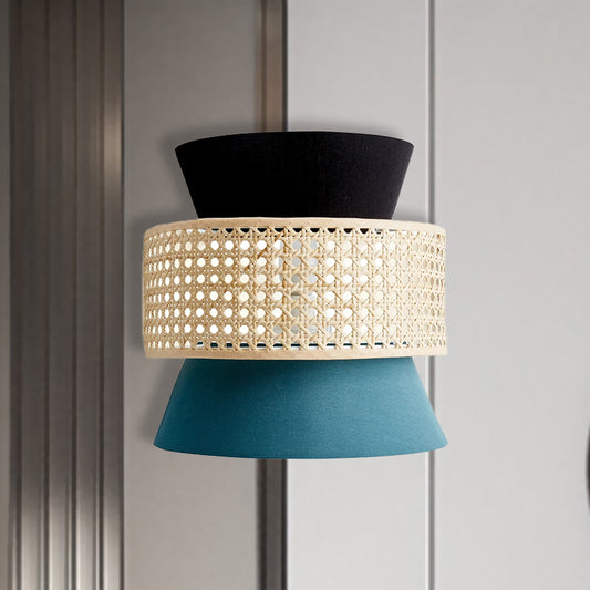 Fabric Dual Cone Wall Lamp Minimalism 1 Head Black and Blue Sconce Lighting with Rattan Design Clearhalo 'Modern wall lights' 'Modern' 'Wall Lamps & Sconces' 'Wall Lights' Lighting' 730705