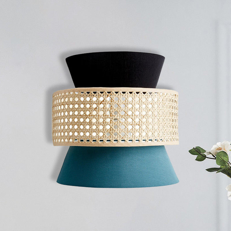 Fabric Dual Cone Wall Lamp Minimalism 1 Head Black and Blue Sconce Lighting with Rattan Design Clearhalo 'Modern wall lights' 'Modern' 'Wall Lamps & Sconces' 'Wall Lights' Lighting' 730706