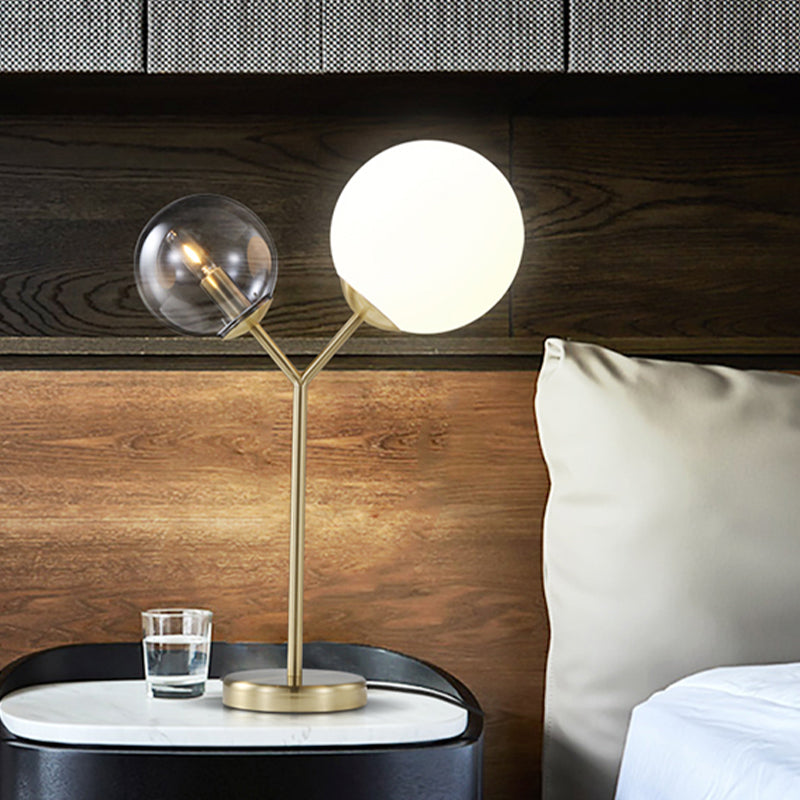 Globe Bedroom Table Lighting Grey and Cream Glass 2-Light Modern LED Branch Desk Lamp in Gold Clearhalo 'Lamps' 'Table Lamps' Lighting' 730748