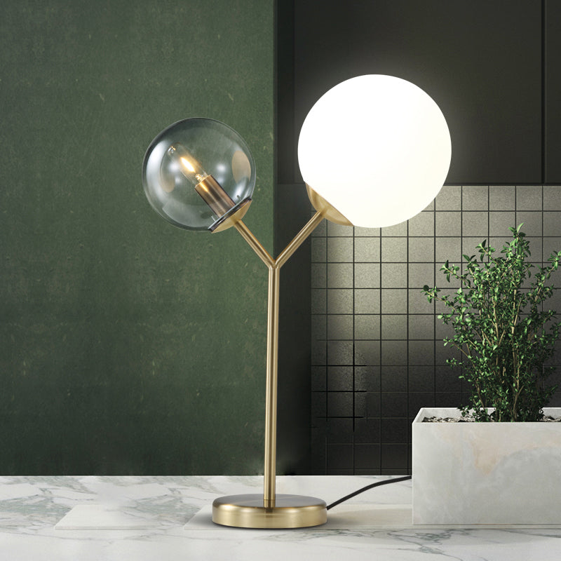 Globe Bedroom Table Lighting Grey and Cream Glass 2-Light Modern LED Branch Desk Lamp in Gold Clearhalo 'Lamps' 'Table Lamps' Lighting' 730749