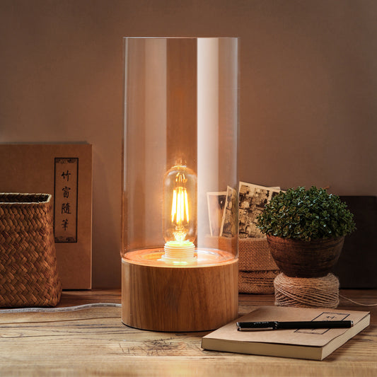Cylinder Bedroom Small Desk Light Clear Glass 1 Bulb LED Simple Reading Book Lamp with Wood Base Clear Clearhalo 'Lamps' 'Table Lamps' Lighting' 730771