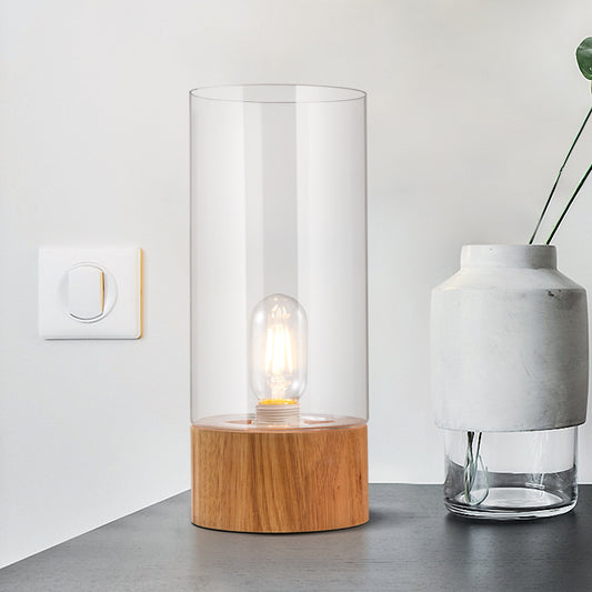 Cylinder Bedroom Small Desk Light Clear Glass 1 Bulb LED Simple Reading Book Lamp with Wood Base Clearhalo 'Lamps' 'Table Lamps' Lighting' 730773
