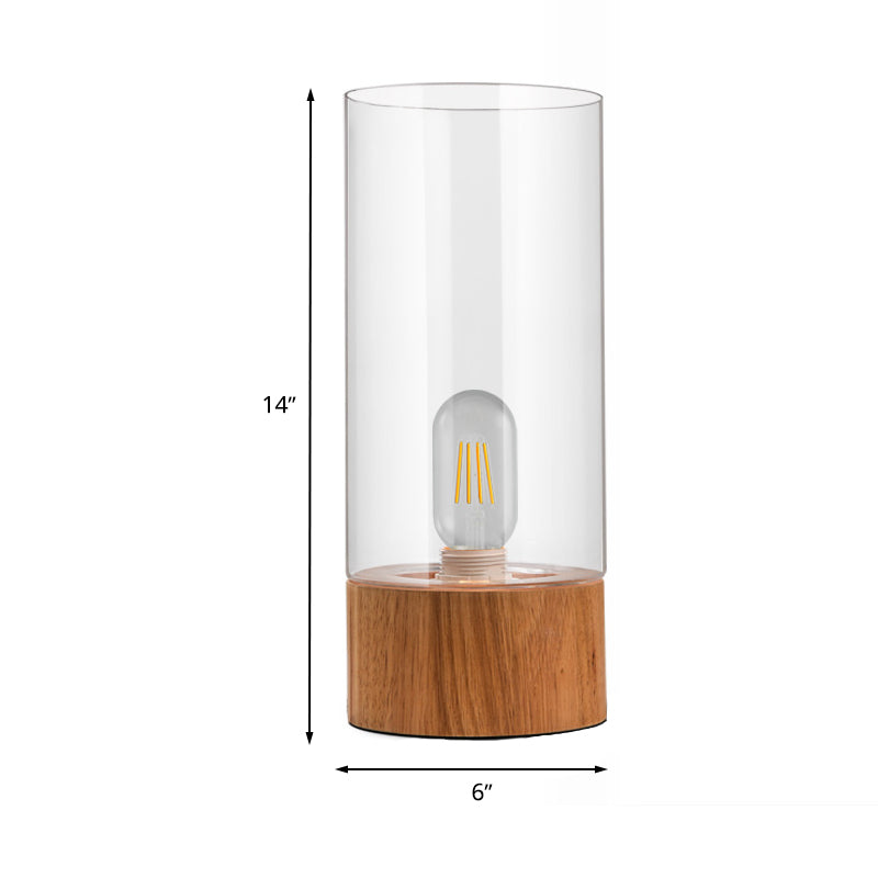 Cylinder Bedroom Small Desk Light Clear Glass 1 Bulb LED Simple Reading Book Lamp with Wood Base Clearhalo 'Lamps' 'Table Lamps' Lighting' 730775