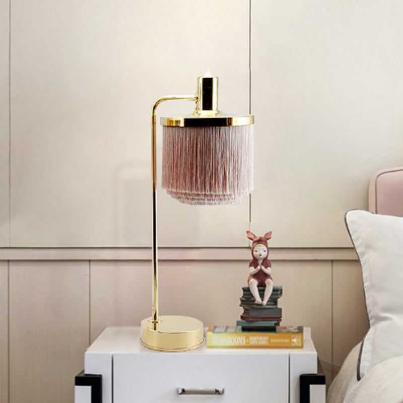 Tassels Fabric Desk Light Modernist 1 Head Pink Night Table Lamp with Gold Arm for Bedside Clearhalo 'Lamps' 'Table Lamps' Lighting' 730910