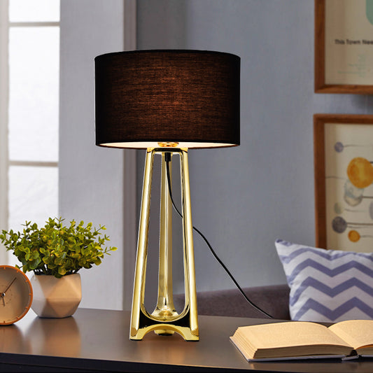 Metal Tripod Table Light Modern 1 Head Gold Finish Desk Lamp with Drum Black Fabric Shade Gold Clearhalo 'Lamps' 'Table Lamps' Lighting' 730924