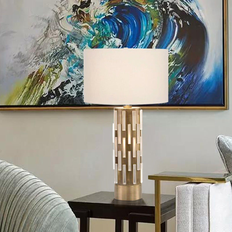 White Drum Shade Table Light Modern 1 Head Fabric Desk Lamp with Tube Metal Base for Bedside Clearhalo 'Lamps' 'Table Lamps' Lighting' 730941