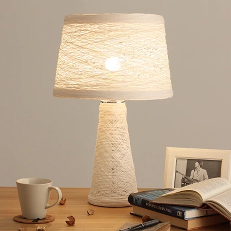 1 Bulb Study Room Desk Light Asian Style White/Tan Reading Book Lamp with Rattan Shade Clearhalo 'Lamps' 'Table Lamps' Lighting' 730951