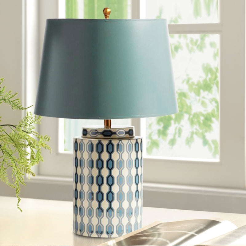 Jar Shaped Night Table Light Modernist Ceramics 1 Head Blue/Orange Finish Fabric Desk Lamp for Bedside Blue Clearhalo 'Lamps' 'Table Lamps' Lighting' 730953