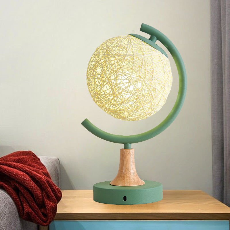 Metallic Globe Nightstand Light Asia Style 1 Light Table Lamp in White/Grey/Green with Rattan Shade Green Clearhalo 'Lamps' 'Table Lamps' Lighting' 730971