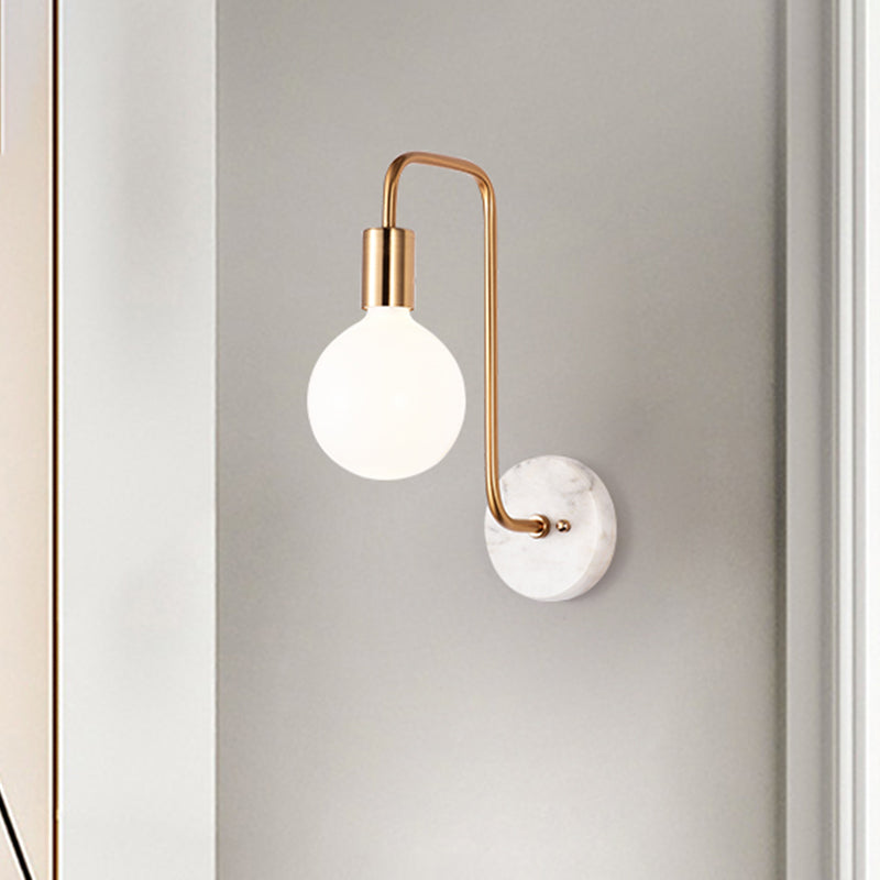 Postmodern Sphere Wall Sconce Lamp White Glass 1 Light Bedroom Wall Light Fixture in Gold with Marble Backplate Clearhalo 'Cast Iron' 'Glass' 'Industrial' 'Modern wall lights' 'Modern' 'Tiffany' 'Traditional wall lights' 'Wall Lamps & Sconces' 'Wall Lights' Lighting' 730991