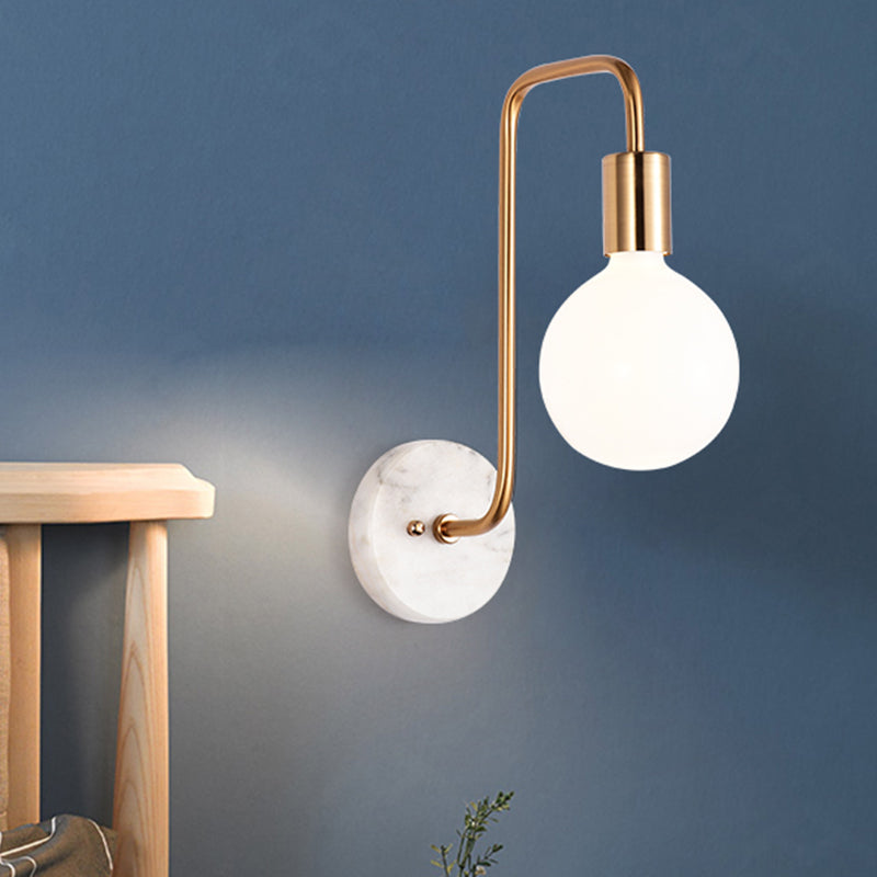 Postmodern Sphere Wall Sconce Lamp White Glass 1 Light Bedroom Wall Light Fixture in Gold with Marble Backplate Clearhalo 'Cast Iron' 'Glass' 'Industrial' 'Modern wall lights' 'Modern' 'Tiffany' 'Traditional wall lights' 'Wall Lamps & Sconces' 'Wall Lights' Lighting' 730992