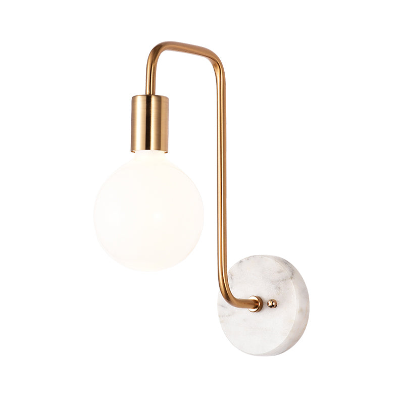 Postmodern Sphere Wall Sconce Lamp White Glass 1 Light Bedroom Wall Light Fixture in Gold with Marble Backplate Clearhalo 'Cast Iron' 'Glass' 'Industrial' 'Modern wall lights' 'Modern' 'Tiffany' 'Traditional wall lights' 'Wall Lamps & Sconces' 'Wall Lights' Lighting' 730993