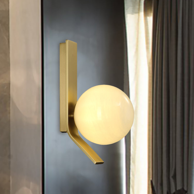Ball Frosted Glass Sconce Fixture Luxury 1 Bulb Brass Wall Mounted Lighting with Curved Metal Backplate Clearhalo 'Cast Iron' 'Glass' 'Industrial' 'Modern wall lights' 'Modern' 'Tiffany' 'Traditional wall lights' 'Wall Lamps & Sconces' 'Wall Lights' Lighting' 731006