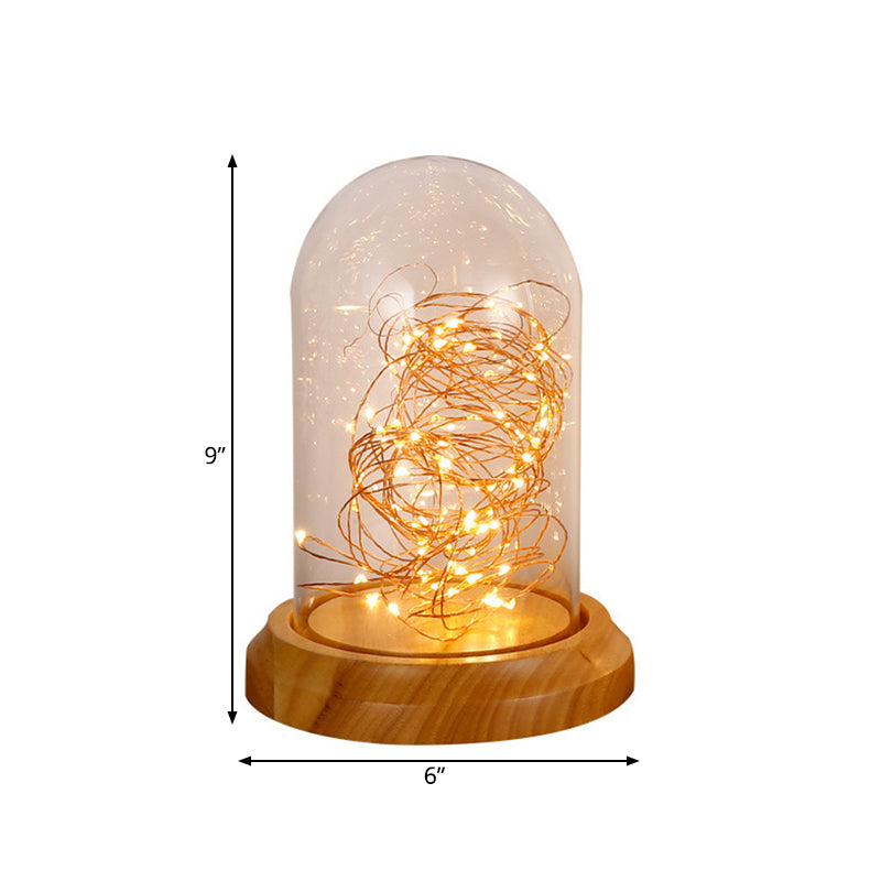 Modern LED Night Table Light Beige Bell Plug-In Desk Lamp with Clear Glass Shade, Wood Base Clearhalo 'Lamps' 'Table Lamps' Lighting' 731028